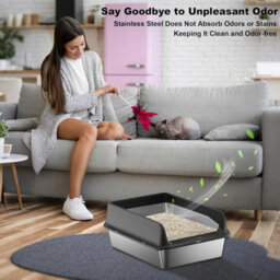 London Boutique Stainless Steel Cat Litter Box, 60X40X30Cm High Sided Litter Tray, Enclosed Metal Design, Scoop And Mat, Black - thumbnail 5
