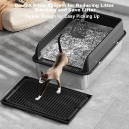 London Boutique Stainless Steel Cat Litter Box, 60X40X30Cm High Sided Litter Tray, Enclosed Metal Design, Scoop And Mat, Black - thumbnail 4