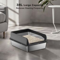 London Boutique Stainless Steel Cat Litter Box, 60X40X30Cm High Sided Litter Tray, Enclosed Metal Design, Scoop And Mat, Black - thumbnail 3