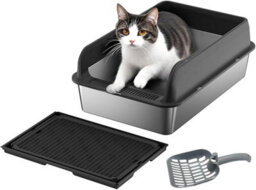 London Boutique Stainless Steel Cat Litter Box, 60X40X30Cm High Sided Litter Tray, Enclosed Metal Design, Scoop And Mat, Black - thumbnail 1