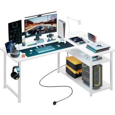 Comhoma L Shaped Gaming Desk, 130X80Cm Power Outlets Corner Computer Desk With Shelves, Headphone Hook For Home Office, White