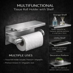 Billtix Toilet Roll Holder Wall Mounted With Shelf Stainless Steel Toilet Paper Holder Bathroom Tissue Roll Storage Silver - thumbnail 4