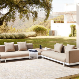 Beliani Outdoor 5-Seater Sofa Set With Coffee Tables, Beige Polyester Cushions, Powder-Coated Frame - thumbnail 1