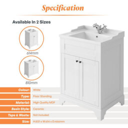 Plum&clay Belmont White Traditional Floor Standing Vanity Unit & Ceramic Basin Bathroom Furniture (W)614mm - thumbnail 4