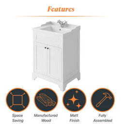 Plum&clay Belmont White Traditional Floor Standing Vanity Unit & Ceramic Basin Bathroom Furniture (W)614mm - thumbnail 5