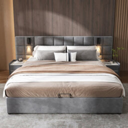 Btm 5Ft King Velvet Hydraulic Bed 150X200Cm, Directional Lamp, Usb Charging, Wide Headboard, Grey (No Mattress) - thumbnail 3