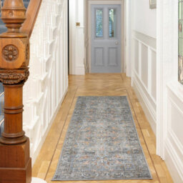 Loomed Traditional Design Cotton Chenille Rug Blue Gold Machine Washable 80Cm X 300Cm - thumbnail 2