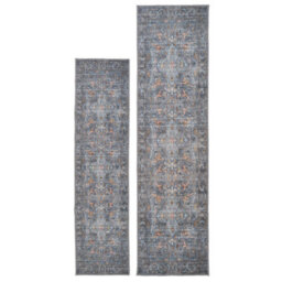 Loomed Traditional Design Cotton Chenille Rug Blue Gold Machine Washable 80Cm X 300Cm - thumbnail 5