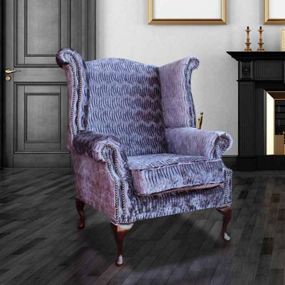 Chesterfield High Back Wing Chair Fantasia Violet Velvet In Queen Anne Style - image 1