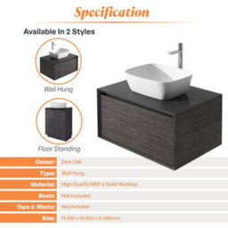 Plum&clay Matterhorn Dark Oak Wall Hung Bathroom Vanity Unit With Black Countertop (W)600mm (H)450mm - thumbnail 4