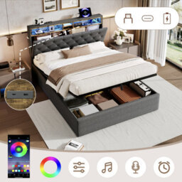 Btm 5Ft King Linen Hydraulic Bed, Hidden Headboard Storage With Rgb Led   Charging Ports, Grey (No Mattress) - thumbnail 1