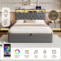 Btm 5Ft King Linen Hydraulic Bed, Hidden Headboard Storage With Rgb Led   Charging Ports, Grey (No Mattress) - thumbnail 7