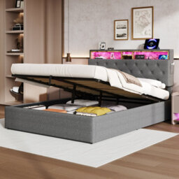 Btm 5Ft King Linen Hydraulic Bed, Hidden Headboard Storage With Rgb Led   Charging Ports, Grey (No Mattress) - thumbnail 4