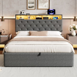 Btm 5Ft King Linen Hydraulic Bed, Hidden Headboard Storage With Rgb Led   Charging Ports, Grey (No Mattress) - thumbnail 5