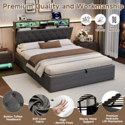 Btm 5Ft King Linen Hydraulic Bed, Hidden Headboard Storage With Rgb Led   Charging Ports, Grey (No Mattress) - thumbnail 8