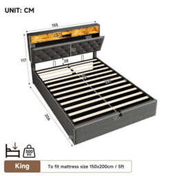 Btm 5Ft King Linen Hydraulic Bed, Hidden Headboard Storage With Rgb Led   Charging Ports, Grey (No Mattress) - thumbnail 9