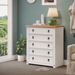 Mercers Furniture Corona White Small 5 Drawer Chest Solid Wood Pine Wooden With Mexican Shabby Chic Styling