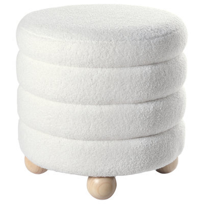 Wyld And Coco Luxenest Pouffe Teddy Boucle Off-White With Pine Wood Legs, Round Footstool W42 X D42 X H41Cm - image 1
