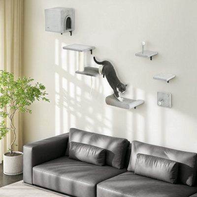 Pawhut 6-Piece Cat Wall Furniture Set With Platforms Sisal Post Bed Toy Grey - image 1