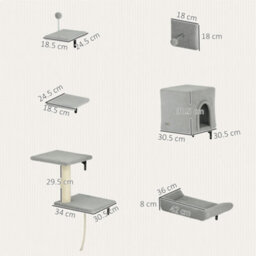 Pawhut 6-Piece Cat Wall Furniture Set With Platforms Sisal Post Bed Toy Grey - thumbnail 3