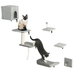 Pawhut 6-Piece Cat Wall Furniture Set With Platforms Sisal Post Bed Toy Grey - thumbnail 2