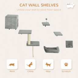 Pawhut 6-Piece Cat Wall Furniture Set With Platforms Sisal Post Bed Toy Grey - thumbnail 5