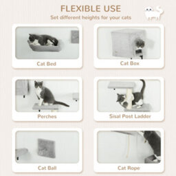 Pawhut 6-Piece Cat Wall Furniture Set With Platforms Sisal Post Bed Toy Grey - thumbnail 4