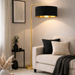 CGC Interiors Cgc Kyra Brushed Gold Angled Floor Lamp With Black 45Cm Velvet Lampshade - thumbnail 1