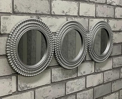 Deenz Set Of 3 Silver Moroccan Style Art Deco Round Wall Mounted Mirror  Metallic Shade Circular Home Decoration Plastic 25 X 2 Cm - image 1