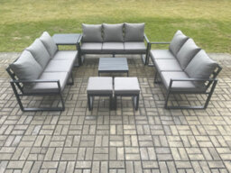 Fimous Aluminium 11 Seater Outdoor Garden Furniture Set Patio Lounge Sofa With Coffee Table Side Table 2 Small Footstools - thumbnail 2