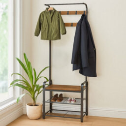 Coat Rack Stand With Shoe Storage Bench 9 Hooks Rustic - Light Rustic Brown - thumbnail 6