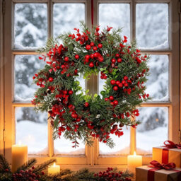Amorly 40Cm Winter Christmas Wreath For Front Door, Decorated With Pine Cones, Bells And Red Berries, Indoor Festive Xmas Home Decoration - thumbnail 1