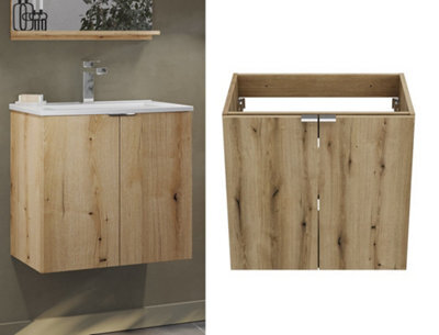 Impact Furniture Bathroom Vanity Unit 600mm Wall Hung Cabinet Slim 2 Door Floating Under Sink Storage Oak Effect Nova - image 1