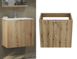 Impact Furniture Bathroom Vanity Unit 600mm Wall Hung Cabinet Slim 2 Door Floating Under Sink Storage Oak Effect Nova - thumbnail 1