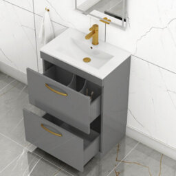 Royal Bathrooms Turin Indigo Grey Gloss 600mm Floor Standing Vanity Unit 2 Drawer With Minimalist Basin Sink & Brushed Brass Handles - thumbnail 3