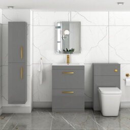 Royal Bathrooms Turin Indigo Grey Gloss 600mm Floor Standing Vanity Unit 2 Drawer With Minimalist Basin Sink & Brushed Brass Handles - thumbnail 2