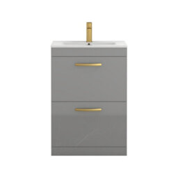 Royal Bathrooms Turin Indigo Grey Gloss 600mm Floor Standing Vanity Unit 2 Drawer With Minimalist Basin Sink & Brushed Brass Handles - thumbnail 6