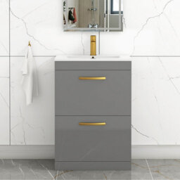 Royal Bathrooms Turin Indigo Grey Gloss 600mm Floor Standing Vanity Unit 2 Drawer With Minimalist Basin Sink & Brushed Brass Handles - thumbnail 1