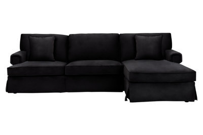 Orsina Three Seat Black Velvet Chaise Sofa, Black Velvet Upholstery With Wooden Base, Padded Key Style Arms - image 1