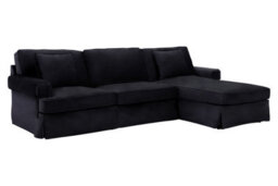 Orsina Three Seat Black Velvet Chaise Sofa, Black Velvet Upholstery With Wooden Base, Padded Key Style Arms - thumbnail 4