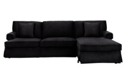 Orsina Three Seat Black Velvet Chaise Sofa, Black Velvet Upholstery With Wooden Base, Padded Key Style Arms - thumbnail 1