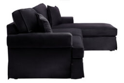 Orsina Three Seat Black Velvet Chaise Sofa, Black Velvet Upholstery With Wooden Base, Padded Key Style Arms - thumbnail 3