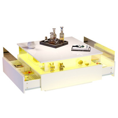 White Coffee Table With Storage, Led Lights, 2 Sliding Drawers & Glass Top - image 1
