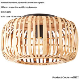 Loops Semi Flush Low Ceiling Light - Natural Bamboo & Matt Black - 10W Max Led E27 - thumbnail 2