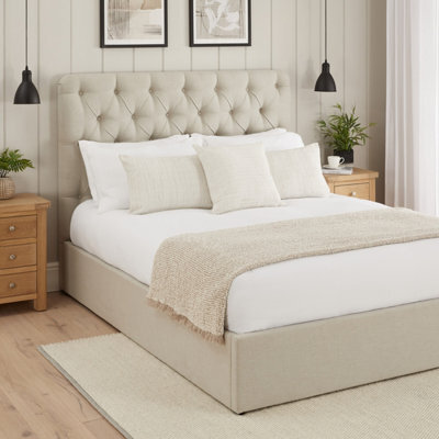 The Furniture Market Chesterfield Button 5Ft King Size Storage Ottoman Bed Natural Linen Fabric - image 1