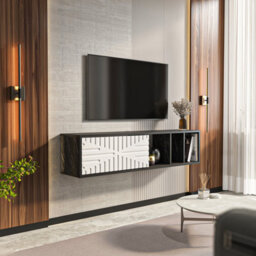Decorotika Modern Teo Floating Tv Unit Black Marble Effect And White - thumbnail 4