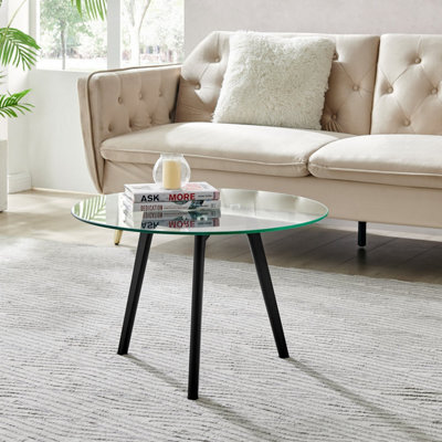 Furniturebox Uk Coffee Table - Malmo Round Glass Coffee Table - Clear Glass Tabletop With Angled Black Painted Beech Wood Legs - image 1