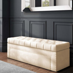 150Cm Duke Upholstered Tufted Plush Velvet Ottoman Storage Box, Cream End Of Bed Blanket & Shoe Bench With Hinged Lid