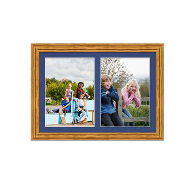 AK Frames 20X14 Oak Classic Multi Photo Frame With Blue Mount - Holds 2 Apertures (2X) A4 Photos - image 1