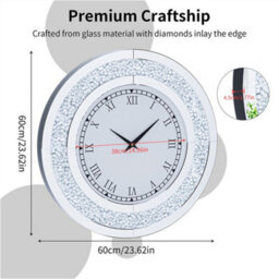 Artloge  60Cm Silver Round Wall Clock Mirror Glass Crush Diamond Clock Hung Diningroom Fireplace - thumbnail 2
